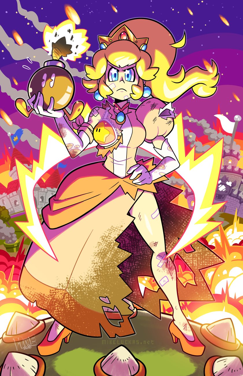 1girl artist_name blonde_hair blue_eyes bob-omb crown dress english_commentary fire hand_on_hip high_heels highres holding_bomb juliet_sleeves long_sleeves super_mario_bros. mike_luckas pink_dress princess_peach puffy_sleeves solo_focus torn_clothes v-shaped_eyebrows watermark