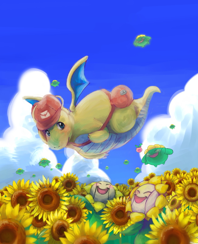 closed_eyes clouds day dragonite field flower flower_field gen_1_pokemon gen_2_pokemon hat hoppip kikuyoshi_(tracco) mailbag no_humans outdoors pokemon red_headwear skiploom smile sunflora sunflower