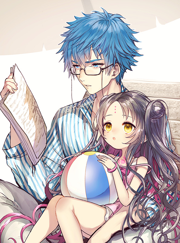 1boy 1girl ball bangs beachball blue_eyes blue_hair blush bracelet brown_hair commentary_request double_bun facial_mark fate/grand_order fate_(series) forehead_mark glasses hans_christian_andersen_(fate) holding jewelry knees_together long_hair long_sleeves n_kamui open_mouth parted_lips sesshouin_kiara shiny shiny_hair size_difference strap_slip teeth very_long_hair yellow_eyes