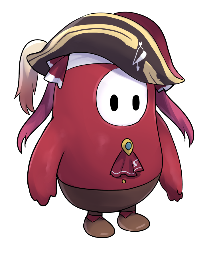 arms_at_sides black_eyes brown_flats buttons commentary_request cosplay fall_guy fall_guys full_body hat hat_feather heart heart_print hololive houshou_marine houshou_marine_(cosplay) looking_away looking_to_the_side pink_hair pirate_hat red_neckwear solid_oval_eyes standing tachi-e tomoyohi transparent_background twintails virtual_youtuber white_skin