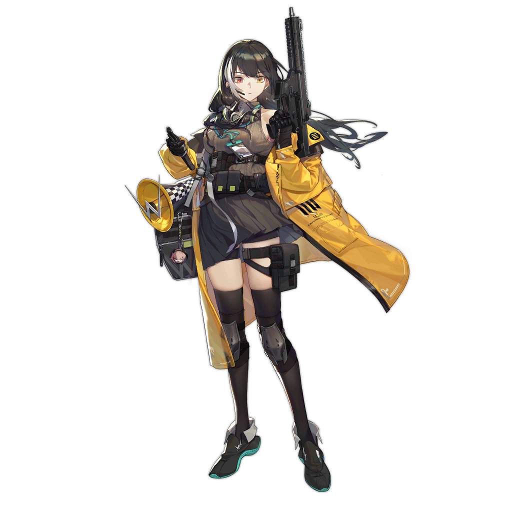 1girl artist_request bag black_footwear black_gloves black_hair black_legwear breasts charm_(object) closed_mouth eyebrows_visible_through_hair gas_mask girls_frontline gloves gun headset heterochromia holding holding_gun holding_weapon id_card jacket keychain knee_pads lanyard long_hair m4_sopmod_ii_(girls_frontline) magazine_(weapon) mask mask_around_neck megaphone mod3_(girls_frontline) mouth_mask multicolored_hair noveske_rifleworks noveske_space_invader off_shoulder official_art pouch red_eyes ro635 ro635_(girls_frontline) skirt sleeveless solo standing streaked_hair submachine_gun thigh-highs thigh_strap transparent_background weapon white_hair yellow_eyes yellow_jacket