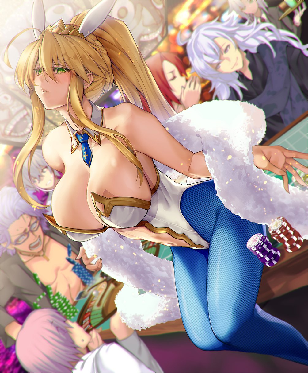 animal_ears artoria_pendragon_(all) artoria_pendragon_(lancer) artoria_pendragon_(swimsuit_ruler)_(fate) bare_shoulders blonde_hair blue_legwear breasts bunny_day bunnysuit casino casino_card_table fate/grand_order fate_(series) green_eyes hair_between_eyes highres jewelry large_breasts looking_at_viewer mash_kyrielight necklace pantyhose rabbit_ears satou_daiji sitting