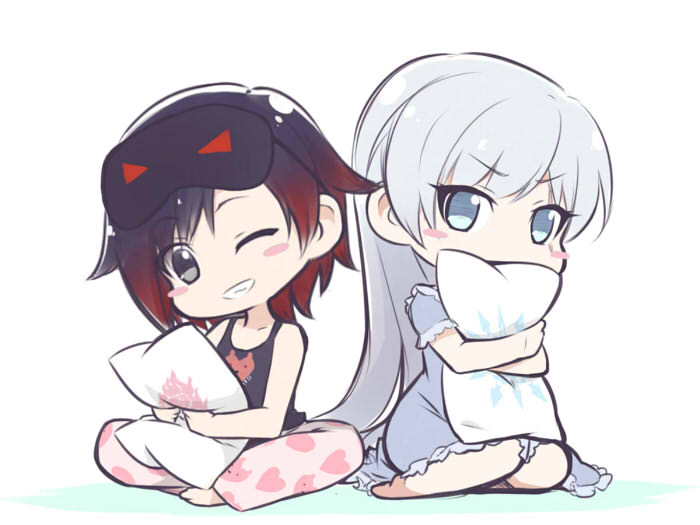 2girls black_hair blush_stickers chibi commentary_request crossed_legs eyebrows_visible_through_hair gradient_hair grey_hair ishikane_aoi long_hair looking_at_viewer multicolored_hair multiple_girls one_eye_closed pajamas pillow redhead ruby_rose rwby seiza short_hair short_sleeves simple_background sitting sleeveless smile teeth two-tone_hair weiss_schnee white_background