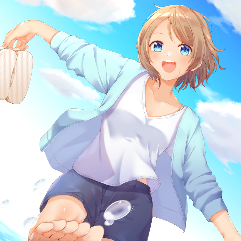 1girl :d bangs bare_legs barefoot blue_eyes blue_jacket blue_shorts blue_sky clouds collarbone eyebrows_visible_through_hair holding holding_shoes in_water jacket kicking light_blush light_brown_hair long_sleeves looking_at_viewer love_live! love_live!_sunshine!! naribee_(nton1263) open_clothes open_jacket open_mouth outdoors shirt shoes short_hair shorts sky smile solo splashing upper_teeth v-neck watanabe_you water white_shirt