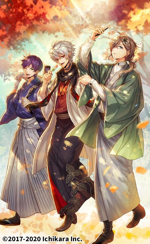 3boys ahoge autumn_leaves bangs brown_hair commentary_request dated earrings hair_between_eyes hair_ornament holding hotaruika_niji jewelry kanae_(nijisanji) kenmochi_touya kuzuha_(nijisanji) leaf long_hair long_sleeves looking_at_viewer male_focus maple_leaf mole mole_under_eye multiple_boys nijisanji open_mouth pointy_ears red_eyes smile standing teeth virtual_youtuber