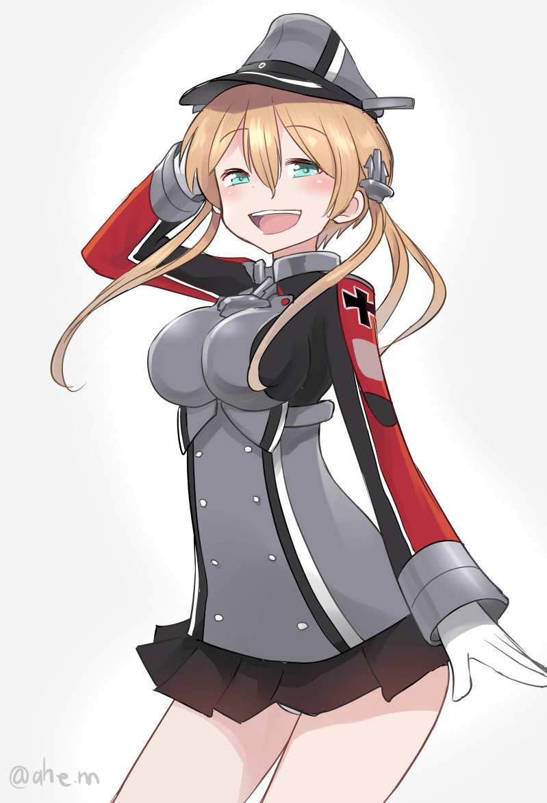 1girl :d ahenn aqua_eyes black_skirt blonde_hair breasts cowboy_shot eyebrows_visible_through_hair gloves hair_between_eyes hat kantai_collection large_breasts long_hair long_sleeves military military_hat military_uniform open_mouth panties peaked_cap pleated_skirt prinz_eugen_(kantai_collection) skirt smile solo twitter_username underwear uniform white_gloves white_panties