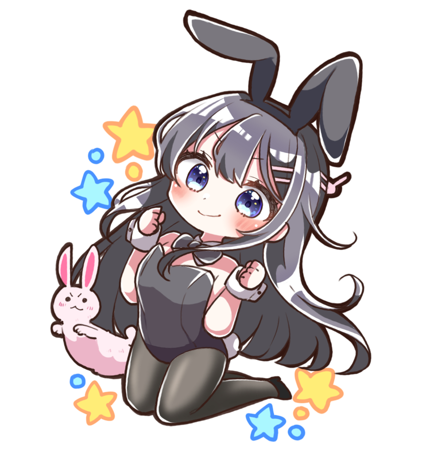 1girl animal animal_ears bangs bare_shoulders black_footwear black_hair black_hairband black_legwear black_leotard black_neckwear blue_eyes blush bow bowtie breasts bunny_day bunny_hair_ornament bunny_tail bunnysuit chibi clenched_hands closed_mouth collar commentary_request detached_collar eyebrows_visible_through_hair fake_animal_ears full_body hair_ornament hairband hairclip hands_up high_heels jako_(jakoo21) kneeling leotard looking_at_viewer pantyhose rabbit rabbit_ears sakurajima_mai seishun_buta_yarou shoes simple_background small_breasts smile solo star_(symbol) strapless strapless_leotard tail v-shaped_eyebrows white_background white_collar wrist_cuffs