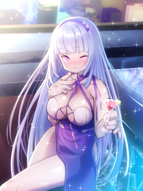 1girl ;) azur_lane bangs bare_arms blunt_bangs blush breasts closed_mouth cup dido_(anxious_bisque_doll)_(azur_lane) dido_(azur_lane) drinking_glass eyebrows_visible_through_hair hairband heart holding large_breasts lavender_hair long_hair looking_at_viewer nanaken_nana nose_blush one_eye_closed open_mouth purple_hairband side_slit sidelocks smile solo sparkle very_long_hair violet_eyes wine_glass