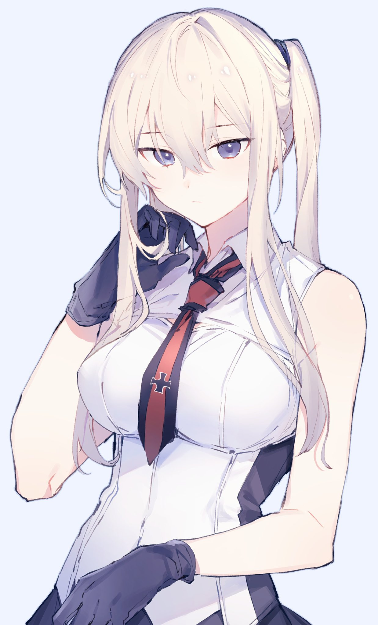 1girl adapted_costume black_gloves blonde_hair blue_background breasts closed_mouth eyebrows_visible_through_hair gloves graf_zeppelin_(kantai_collection) hair_between_eyes highres jpeg_artifacts kantai_collection large_breasts long_hair military military_uniform no_hat no_headwear ponko_(damachida) sidelocks simple_background sleeveless solo twintails uniform upper_body violet_eyes