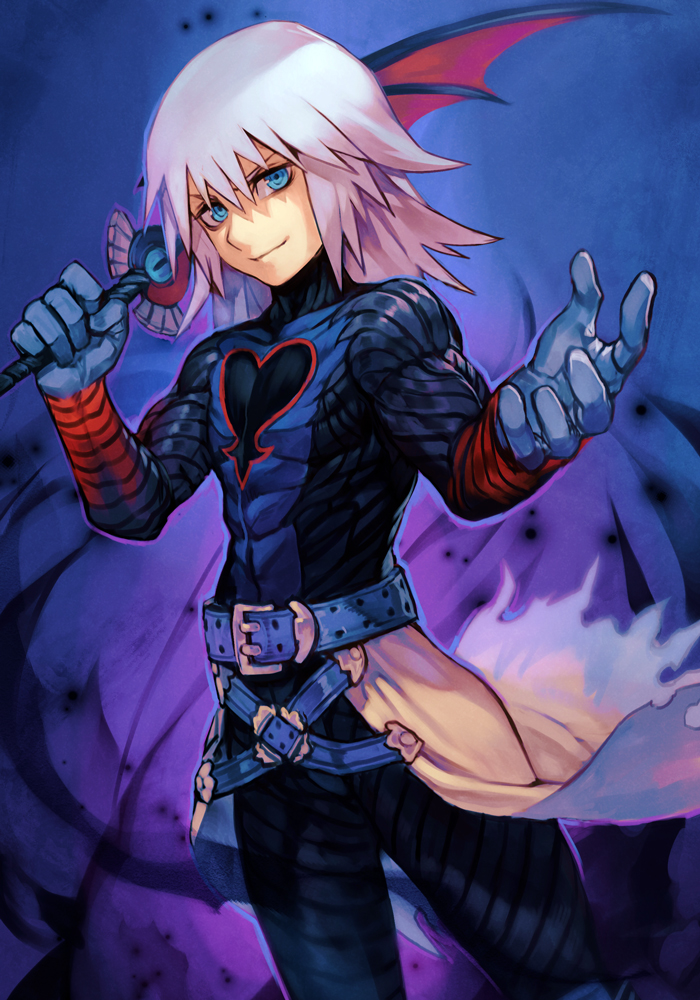 1boy bangs belt belt_buckle blue_eyes bodysuit buckle closed_mouth hands_up hankuri heart holding holding_sword holding_weapon keyblade kingdom_hearts looking_at_viewer male_focus medium_hair muscle purple_background riku silver_hair smile solo sword weapon