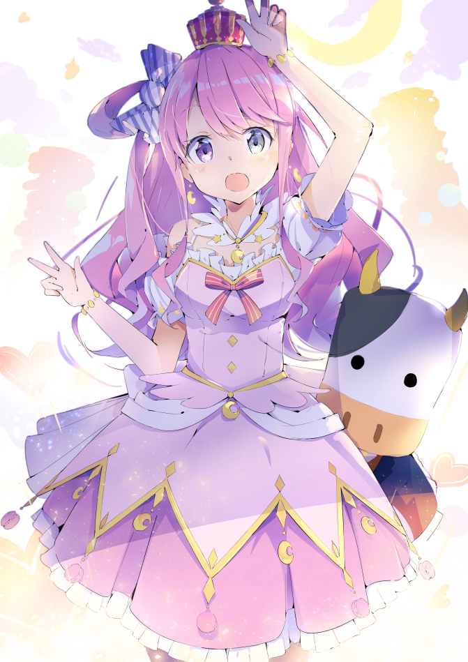 1girl arm_up bangs blush bracelet candy_hair_ornament commentary_request crown dress earrings eyebrows_visible_through_hair food_themed_hair_ornament hair_ornament hair_rings heterochromia himemori_luna hololive jewelry long_hair looking_at_viewer nekopote open_mouth pink_dress pink_hair ribbon shiny shiny_hair short_sleeves striped striped_ribbon violet_eyes virtual_youtuber w