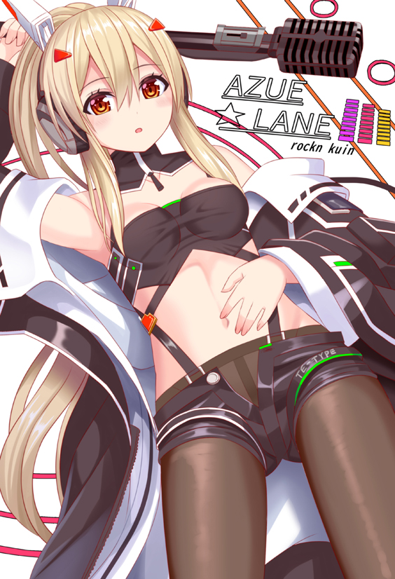 1girl arm_up ayanami_(azur_lane) ayanami_(rock'n_kijin)_(azur_lane) azur_lane bangs bare_shoulders black_jacket black_shorts blush breasts brown_eyes brown_legwear commentary_request copyright_name crop_top eyebrows_visible_through_hair hair_between_eyes headgear high_ponytail jacket legwear_under_shorts light_brown_hair long_hair long_sleeves looking_at_viewer microphone microphone_stand midriff navel off_shoulder open_clothes open_fly open_jacket open_shorts pantyhose parted_lips ponytail short_shorts shorts small_breasts solo tsukino_neru very_long_hair wide_sleeves