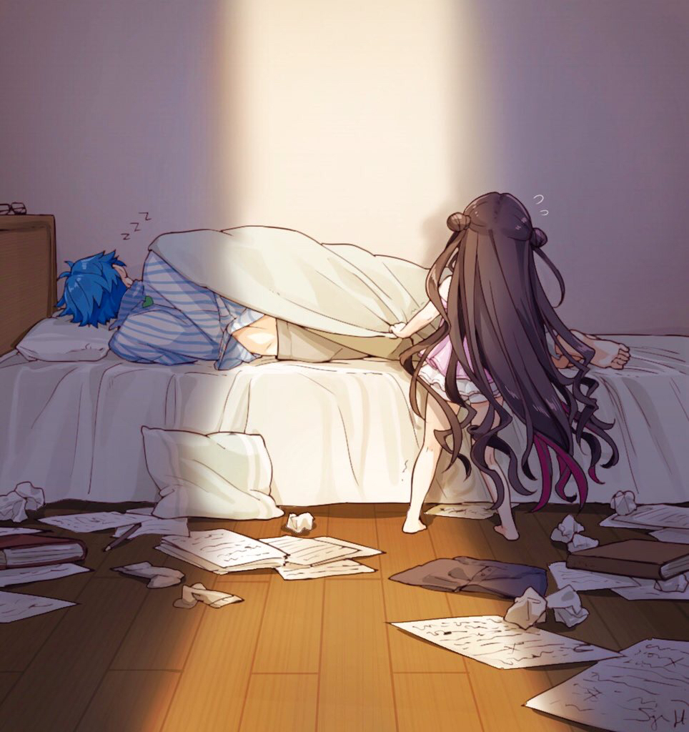 1boy 1girl barefoot bed black_hair blue_hair book crumpled_paper double_bun facing_away fate/grand_order fate_(series) flying_sweatdrops from_behind hans_christian_andersen_(fate) long_hair lying older on_side papers pillow sesshouin_kiara shirt siya_ho standing striped striped_shirt two_side_up vertical-striped_shirt vertical_stripes very_long_hair waking_up wooden_floor younger zzz