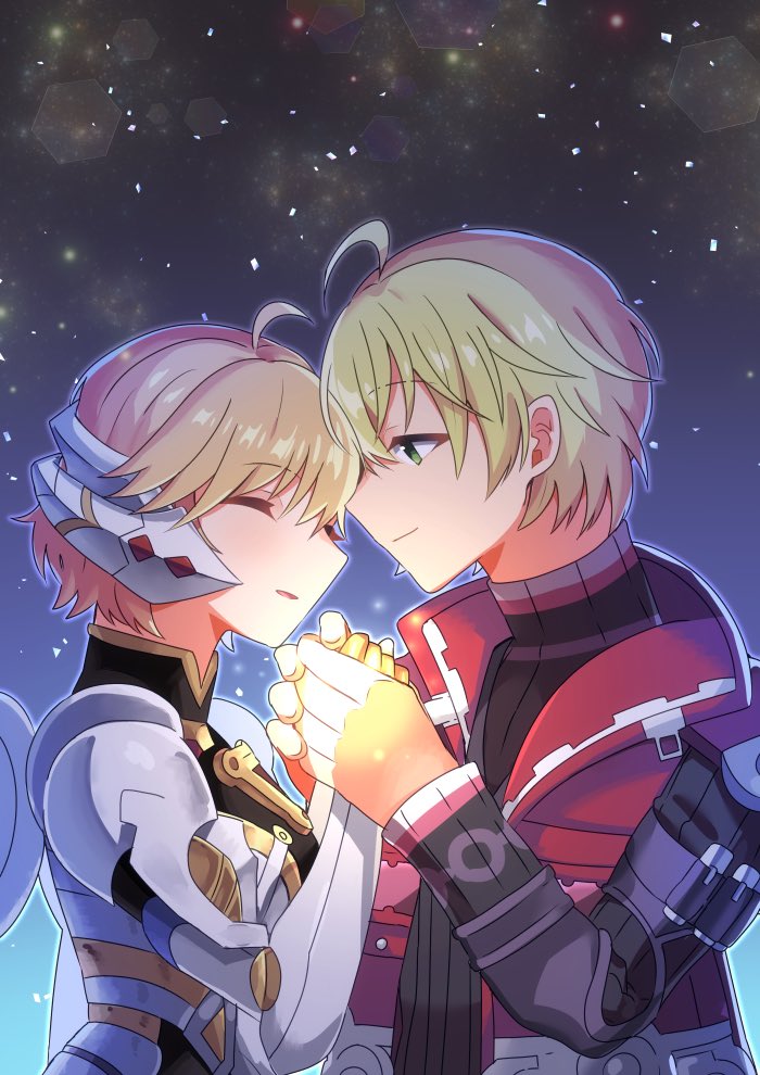 138sima 1boy 1girl closed_eyes couple cyborg fiorung hetero holding_hands long_sleeves night night_sky outdoors red_vest shulk sky vest xenoblade_(series) xenoblade_1