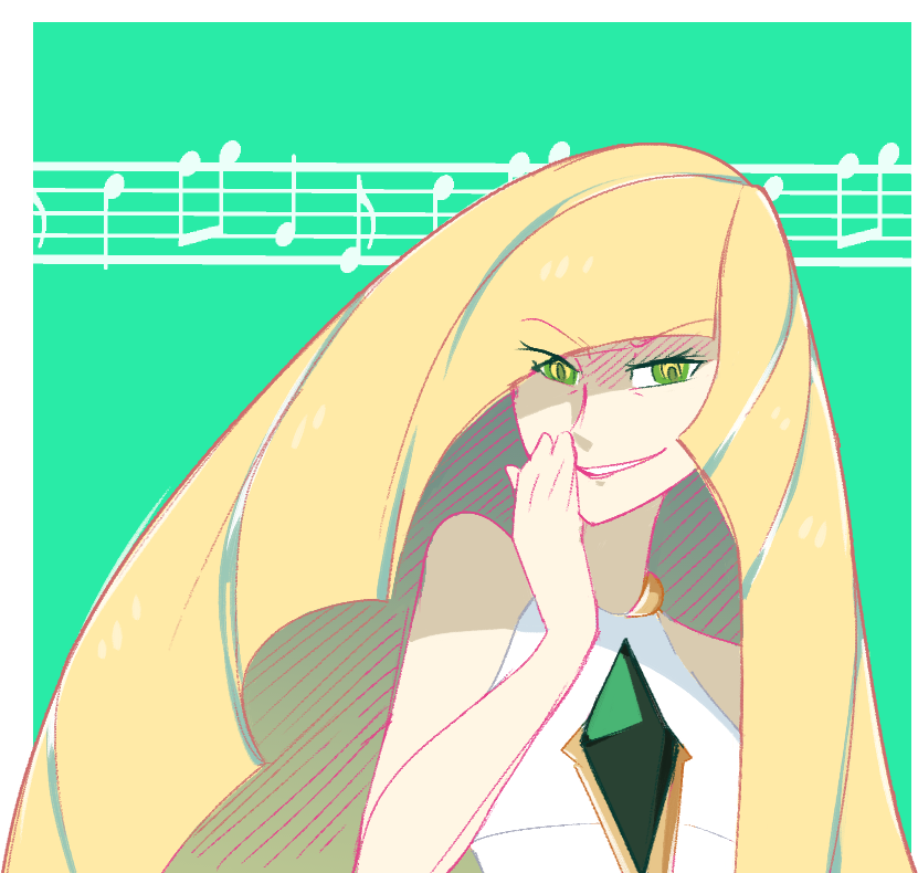 1girl blonde_hair covering_mouth diamond_(shape) dress evil_grin evil_smile eyebrows_visible_through_hair gem green_background grin hand_over_own_mouth hand_up long_hair looking_at_viewer lusamine_(pokemon) musical_note pokemon pokemon_(game) pokemon_sm shaded_face sleeveless sleeveless_dress smile upper_body vergolophus very_long_hair