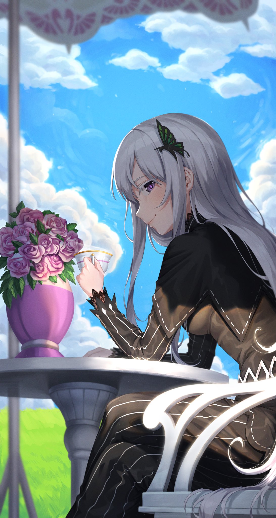 1girl bangs black_dress blue_sky blush bouquet breasts butterfly_hair_ornament chair closed_mouth clouds commentary_request crossed_legs cup day dress echidna_(re:zero) flower from_side grass hair_ornament hand_on_table hand_up highres holding holding_cup long_hair long_sleeves looking_at_viewer medium_breasts outdoors purple_flower purple_rose re:zero_kara_hajimeru_isekai_seikatsu rose silver_hair sitting sky smile solo striped striped_dress table umbrella_stand very_long_hair violet_eyes xiho_(suna)