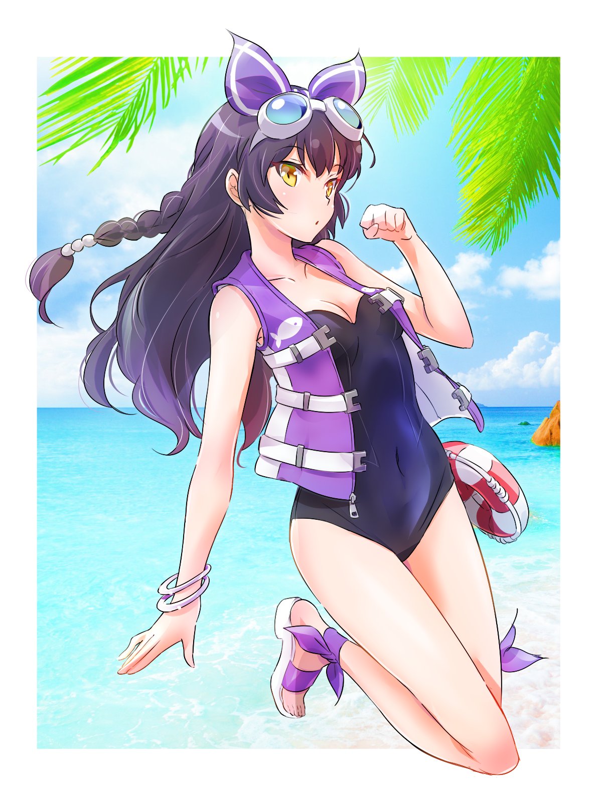 1girl animal_print beach black_hair blake_belladonna bow bracelet covered_navel fish_print hair_bow highres iesupa jewelry long_hair one-piece_swimsuit rwby sandals solo swimsuit vest yellow_eyes