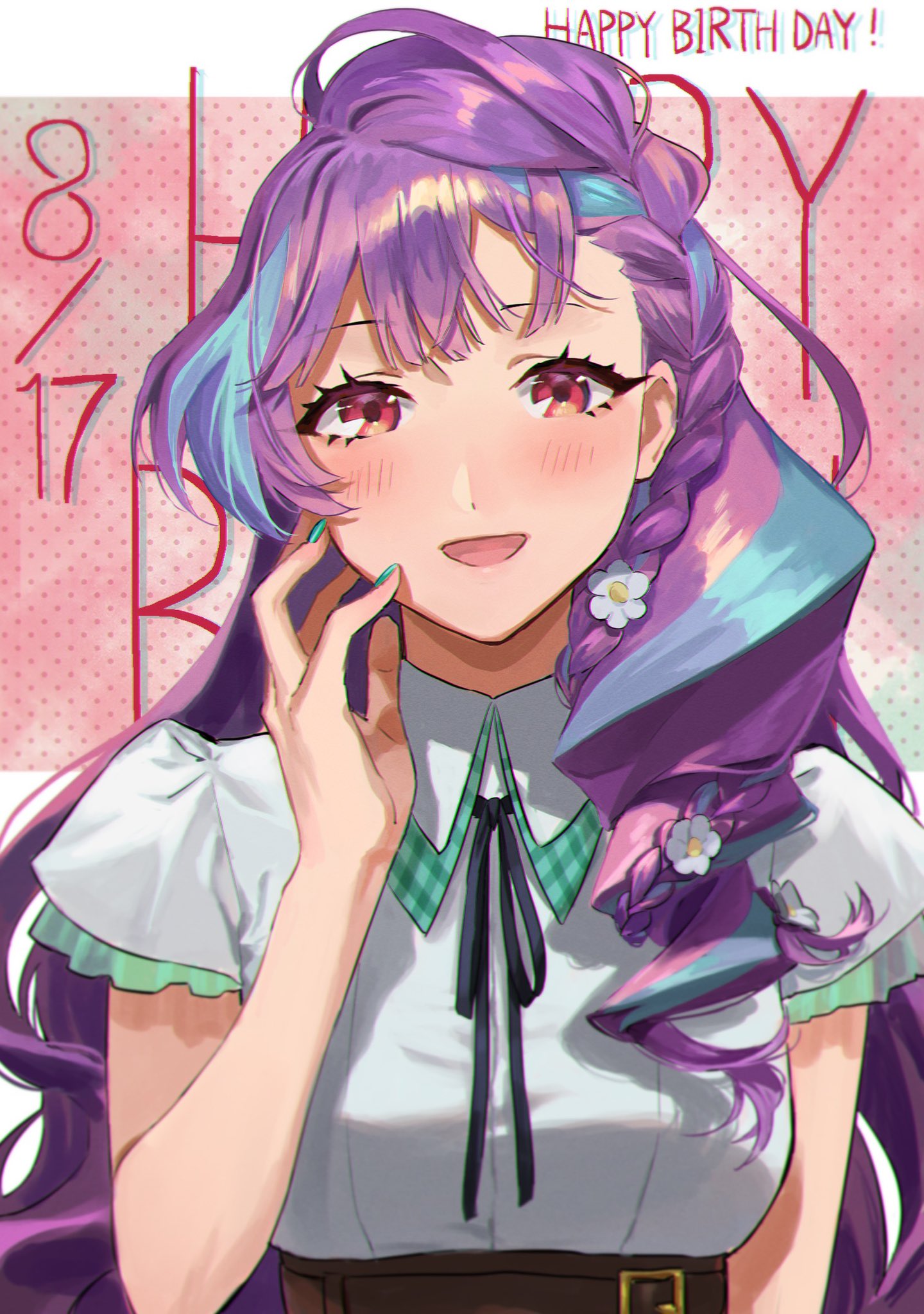 1girl bangs close-up hand_on_own_face happy_birthday highres macross macross_delta mikumo_guynemer open_mouth pote-mm purple_hair red_eyes smile solo