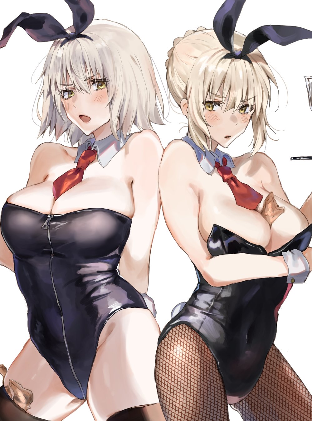 2girls amakaze animal_ears artoria_pendragon_(all) back-to-back bangs between_breasts blonde_eyebrows blonde_hair blush breasts bunny_tail bunnysuit collar commentary_request detached_cuffs eyes_visible_through_hair fate/grand_order fate_(series) fishnet_legwear fishnets highres jeanne_d'arc_(alter)_(fate) jeanne_d'arc_(fate)_(all) large_breasts money money_hold multiple_girls neckwear no_bra no_panties no_underwear oekaki open_mouth rabbit_ears red_neckwear saber saber_alter short_hair simple_background tail thigh-highs thighs white_background white_hair