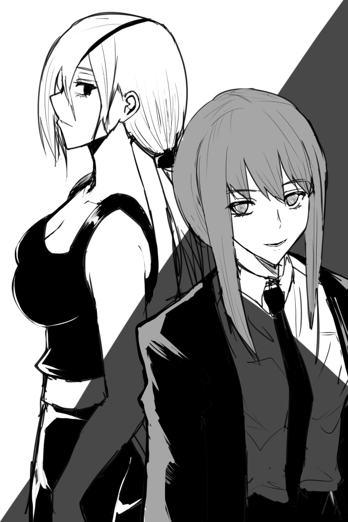 2girls bangs bare_shoulders black_eyepatch black_eyes black_jacket black_neckwear breasts business_suit chainsaw_man collarbone expressionless eyebrows_visible_through_hair eyepatch formal hair_over_one_eye jacket light_smile long_hair looking_at_viewer makima_(chainsaw_man) medium_breasts medium_hair monochrome multiple_girls necktie open_mouth quanxi_(chainsaw_man) ringed_eyes shade shirt shirt_tucked_in smile suit takara_joney tank_top white_shirt