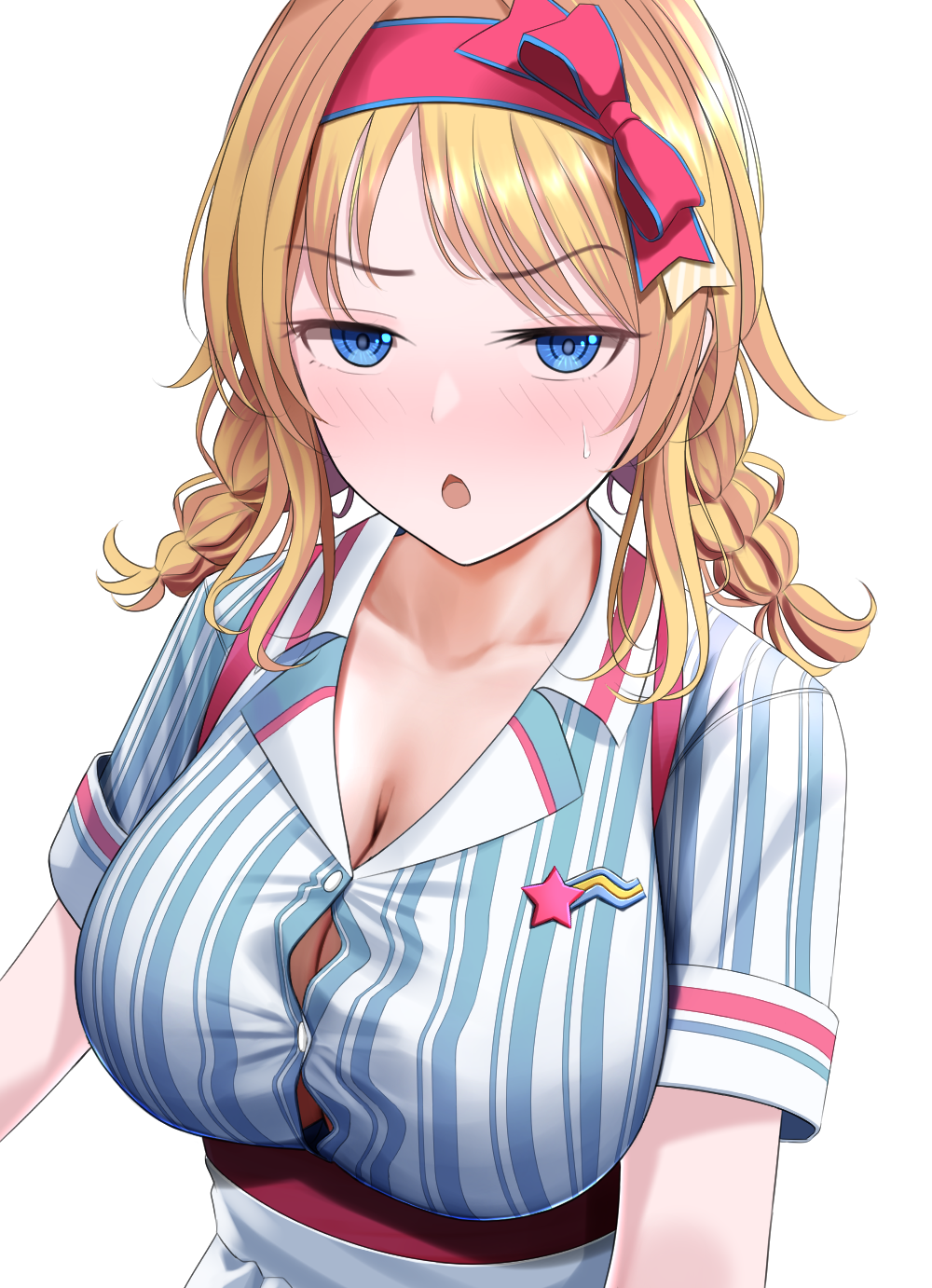 1girl ahoge bangs blonde_hair blue_eyes braid breasts chestnut_mouth collarbone commentary_request disdain eyebrows_visible_through_hair hachimiya_meguru hair_ribbon highres idolmaster idolmaster_shiny_colors large_breasts looking_at_viewer low_twintails no_bra open_mouth ribbon shirt short_sleeves solo striped striped_shirt sweat taut_clothes taut_shirt turisasu twin_braids twintails vertical-striped_shirt vertical_stripes