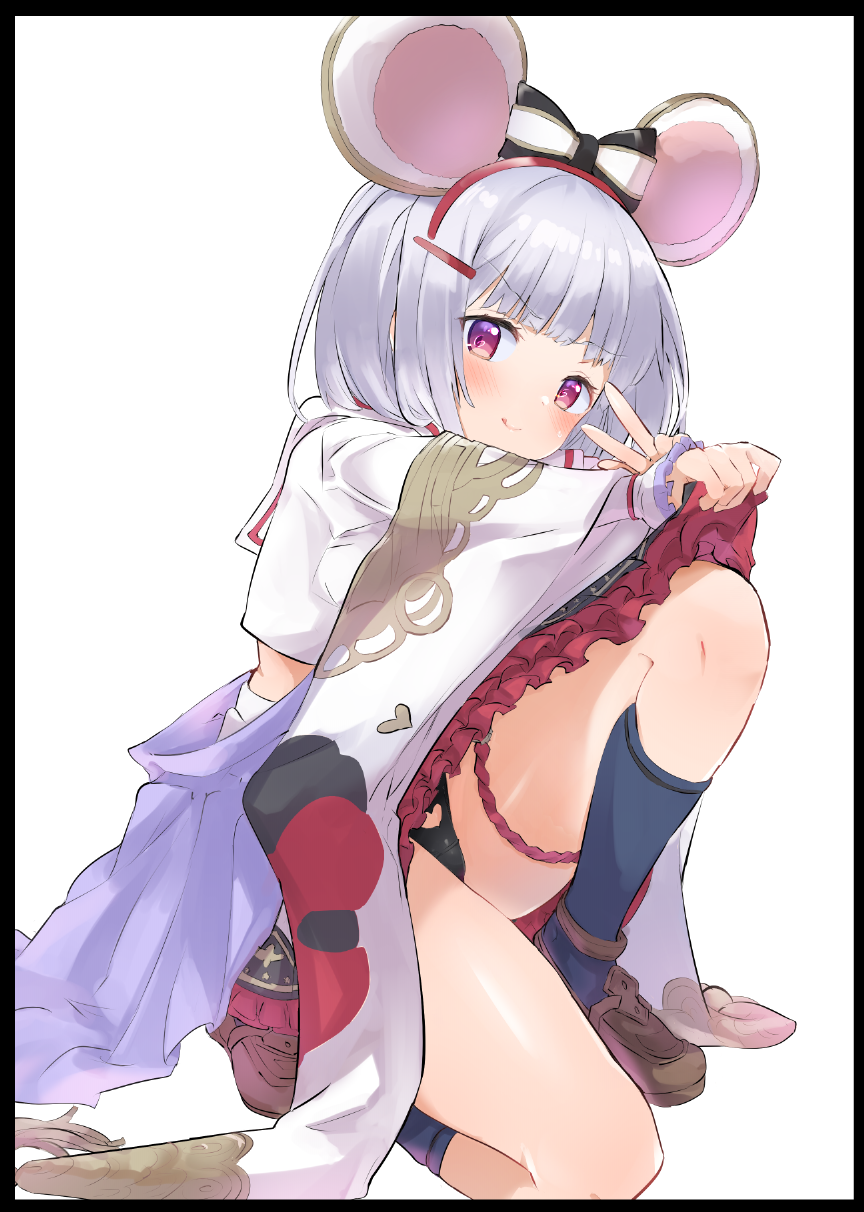 1girl :q animal_ears bangs black_leotard black_panties blush bow brown_footwear caburi eyebrows_visible_through_hair fake_animal_ears full_body granblue_fantasy hair_ornament hairclip heart_cutout highres leotard lifted_by_self loafers long_sleeves looking_at_viewer mouse_ears panties red_eyes shirt shoes short_hair silver_hair simple_background skirt skirt_lift smile solo tongue tongue_out underwear v vikala_(granblue_fantasy) white_background white_shirt white_skirt