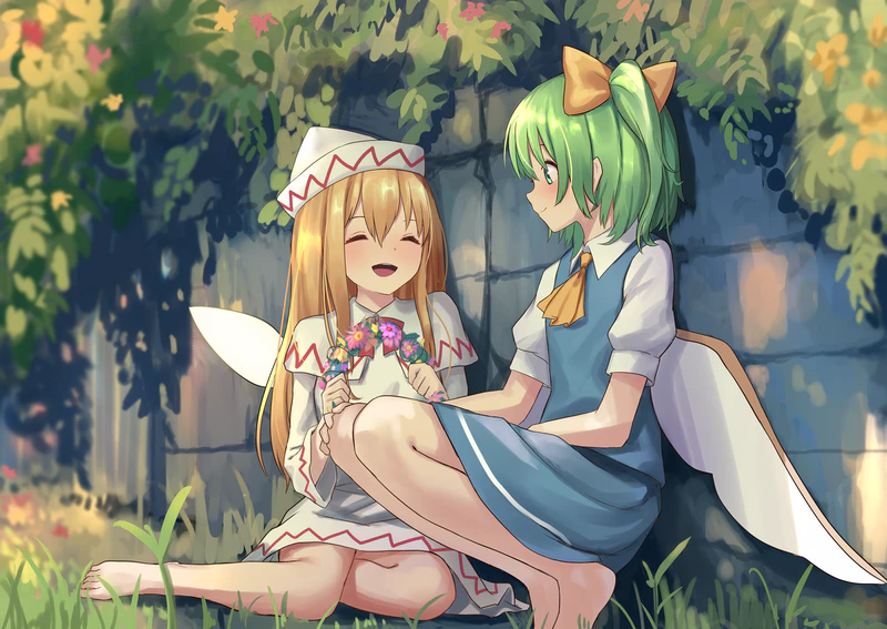 2girls :d ^_^ ascot bangs bare_legs barefoot blonde_hair blue_dress bow brick_wall capelet closed_eyes commentary daiyousei dress facing_another fairy_wings grass green_eyes green_hair hair_between_eyes hair_bow hat korean_commentary lily_white long_hair looking_at_another multiple_girls on_grass open_mouth outdoors rennyang short_sleeves side_ponytail sitting smile squatting touhou white_capelet white_dress white_headwear wings yellow_bow yellow_neckwear yokozuwari
