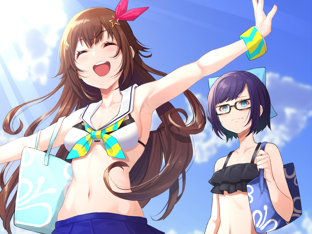 2girls :d ^_^ armpits bangs bikini bikini_skirt blue_sky brown_hair closed_eyes cowboy_shot groin hair_ornament hairclip hip_bones hololive long_hair midriff mikan_(chipstar182) multiple_girls navel neckerchief open_mouth outstretched_arms sailor_collar sky smile star_(symbol) star_hair_ornament summer swimsuit t-pose tokino_sora virtual_youtuber wristband yuujin_a_(hololive)