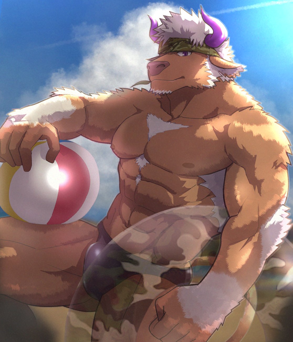 1boy abs animal_ears bara bulge chest chest_hair cow_boy cow_ears cow_horns f-una facial_hair furry highres horns innertube lifebuoy male_focus manly muscle nipples outdoors pectorals purple_horns shennong_(tokyo_afterschool_summoners) shirtless solo swimsuit thick_thighs thighs tokyo_houkago_summoners transparent upper_body violet_eyes white_hair