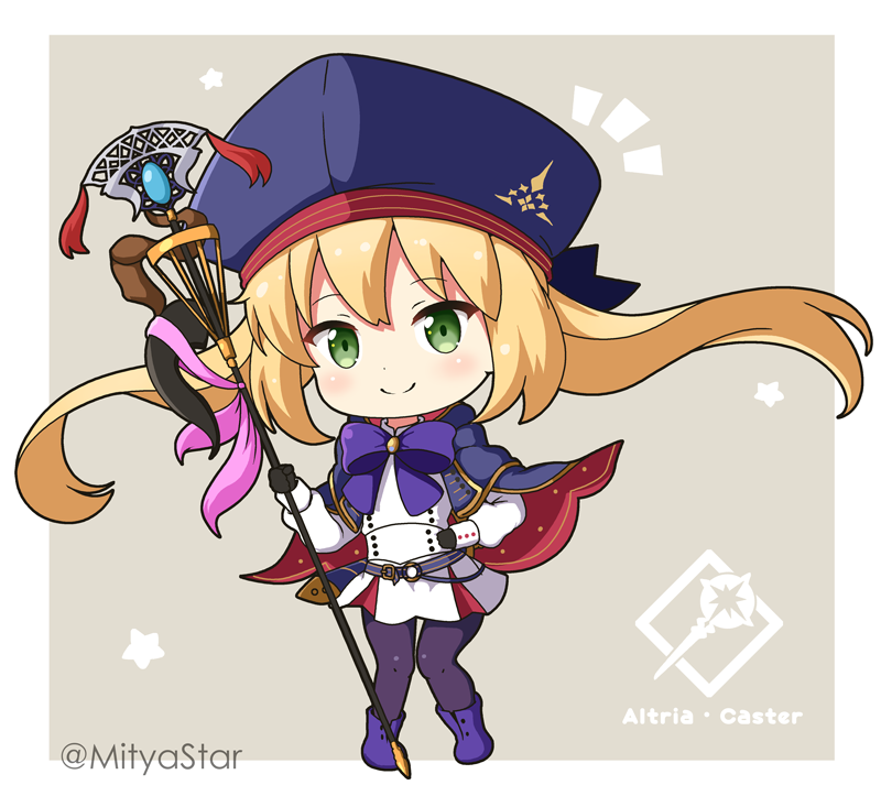 1girl artoria_pendragon_(all) artoria_pendragon_(caster) bangs black_gloves black_legwear blonde_hair blue_cape blue_headwear blush boots cape chibi closed_mouth commentary_request eyebrows_visible_through_hair fate/grand_order fate_(series) full_body gloves green_eyes grey_background hat holding holding_staff long_hair long_sleeves miicha multicolored multicolored_cape multicolored_clothes pantyhose pleated_skirt puffy_long_sleeves puffy_sleeves purple_footwear red_cape shirt skirt smile solo staff standing star_(symbol) twintails twitter_username two-tone_background very_long_hair white_background white_shirt white_skirt