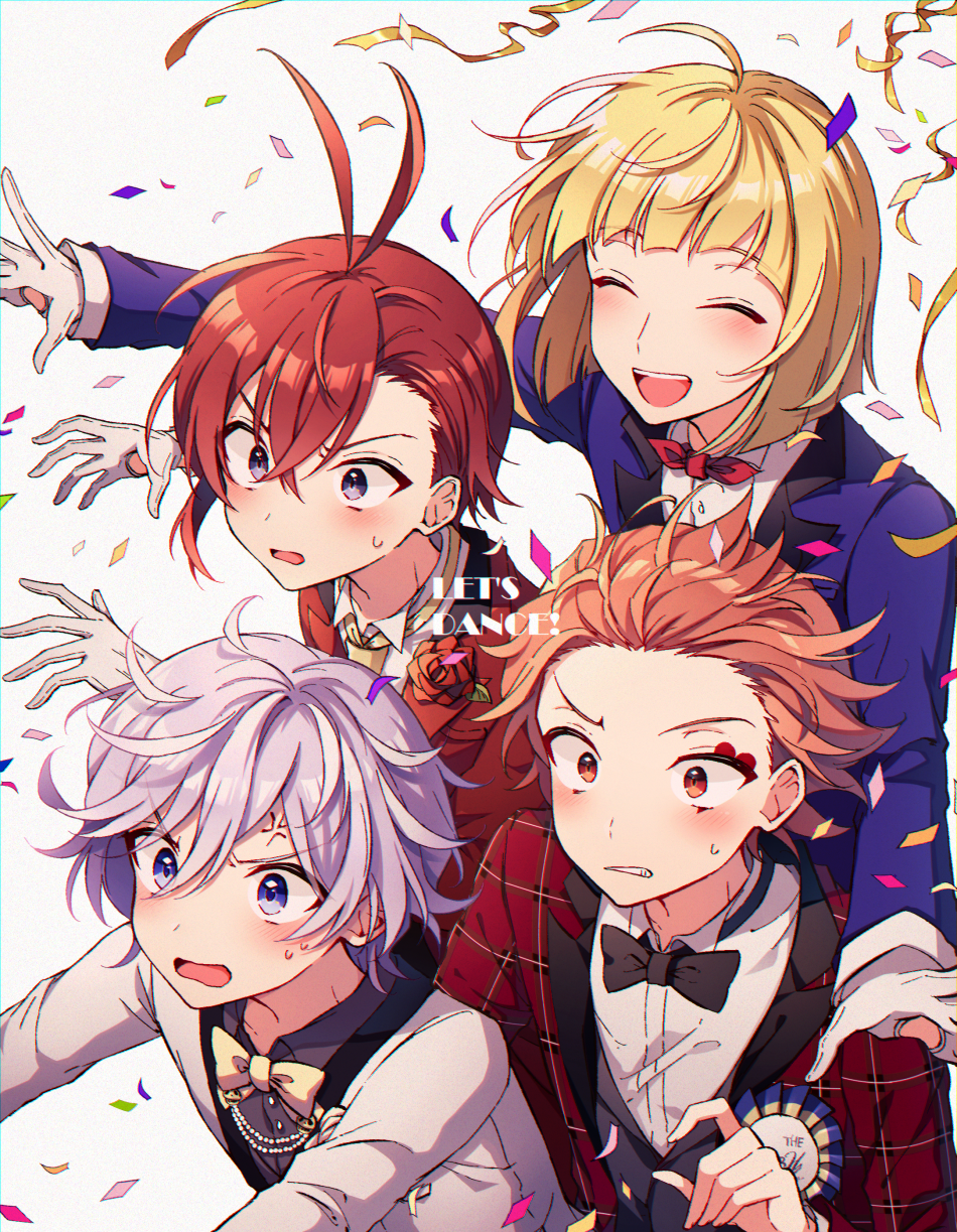 4boys anger_vein antenna_hair bangs black_neckwear blonde_hair blue_eyes blush bow bowtie character_request closed_eyes collared_shirt commentary_request confetti epel_felmier eyebrows_visible_through_hair flower gloves hair_between_eyes highres jacket long_sleeves male_focus multiple_boys open_mouth parted_lips purple_jacket redhead riddle_rosehearts rook_hunt rose shirt smile tobari_(brokenxxx) tongue twisted_wonderland white_gloves white_shirt