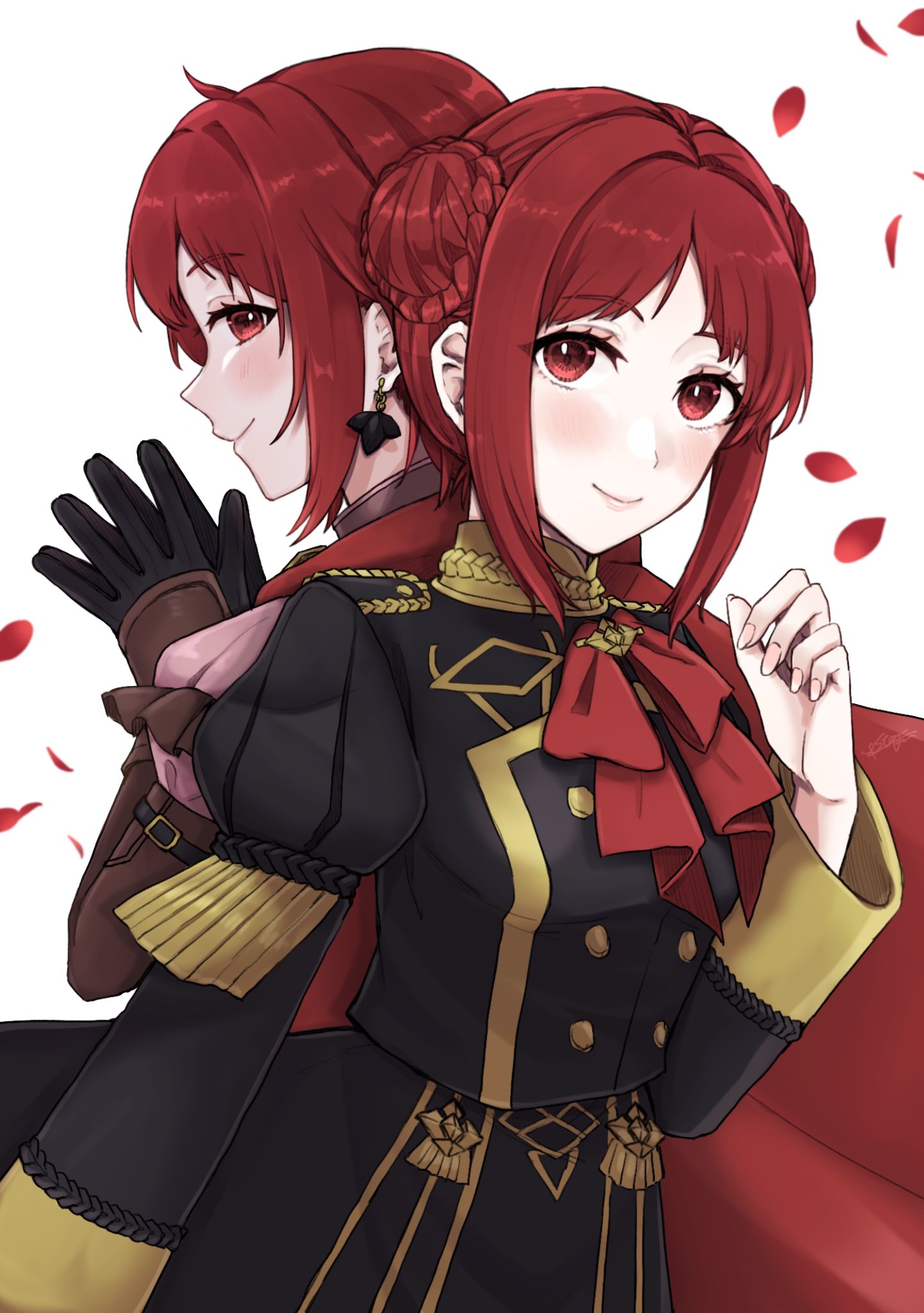 1girl age_progression bangs black_gloves blush braid braided_bun cowboy_shot double_bun earrings eyebrows_visible_through_hair falling_petals fire_emblem fire_emblem:_three_houses fire_emblem_warriors:_three_hopes garreg_mach_monastery_uniform gloves hair_bun highres jewelry long_sleeves looking_at_viewer looking_back misato_hao monica_von_ochs older own_hands_clasped own_hands_together petals red_eyes redhead short_hair simple_background smile white_background
