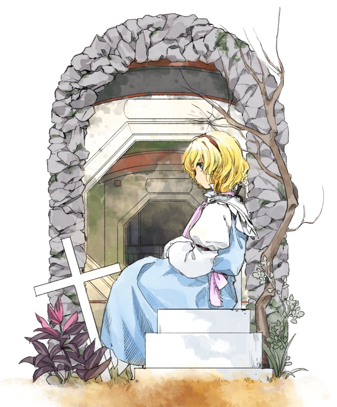 1girl alice_margatroid arch blonde_hair blue_dress blue_eyes building capelet commentary cross dress from_side full_body grass hairband highres kaigen_1025 long_sleeves outdoors plant puffy_sleeves purple_neckwear red_hairband shirt short_hair sitting solo touhou tree white_shirt