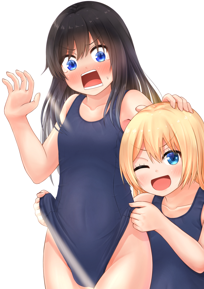 2girls asashio_(kantai_collection) bad_anatomy bad_neck black_hair black_swimsuit blonde_hair blue_eyes blush collarbone comiching eyebrows_visible_through_hair groin hair_between_eyes highres jervis_(kantai_collection) kantai_collection long_hair multiple_girls one-piece_swimsuit open_mouth school_swimsuit simple_background smile swimsuit swimsuit_lift tears white_background