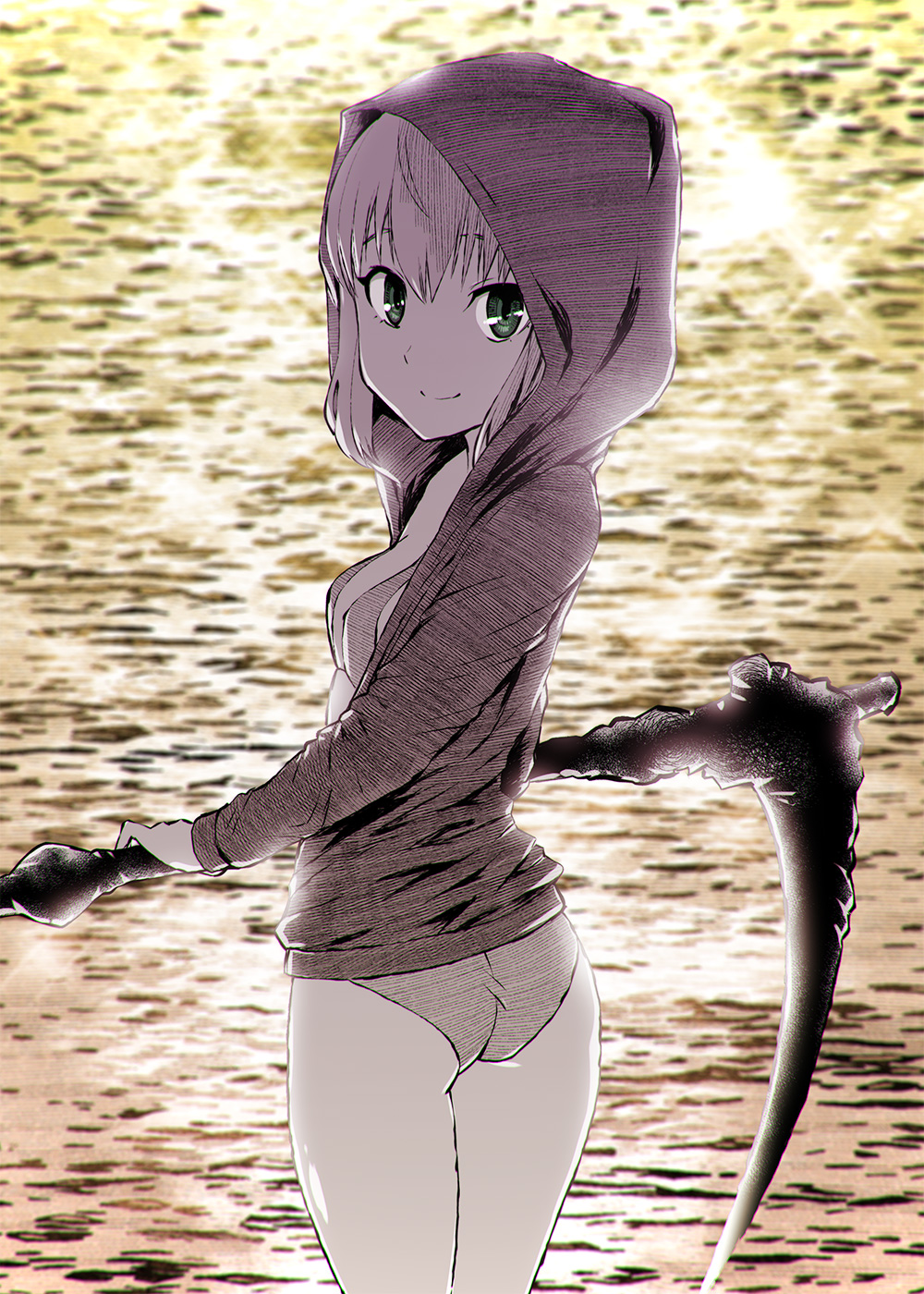 1girl ass breasts closed_mouth fate_(series) fur_trim gray_(lord_el-melloi_ii) green_eyes highres hood hood_up kama_(weapon) legs legs_together looking_at_viewer lord_el-melloi_ii_case_files monochrome ocean scythe short_hair sickle smile solo swimsuit thighs type-moon ueyama_michirou