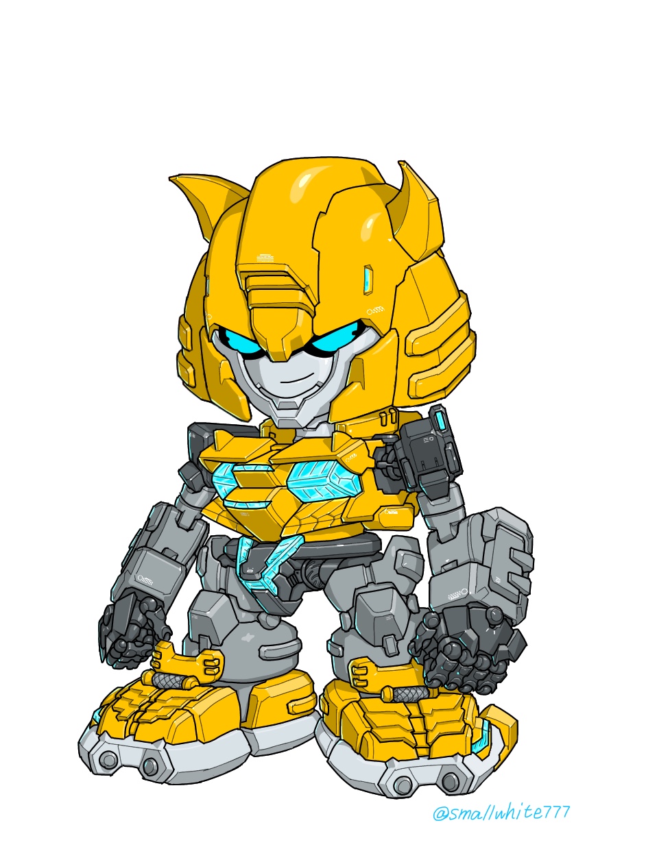 autobot blue_eyes chibi clenched_hands highres horns jeulove-sma11-white mecha no_humans redesign smirk solo standing transformers white_background
