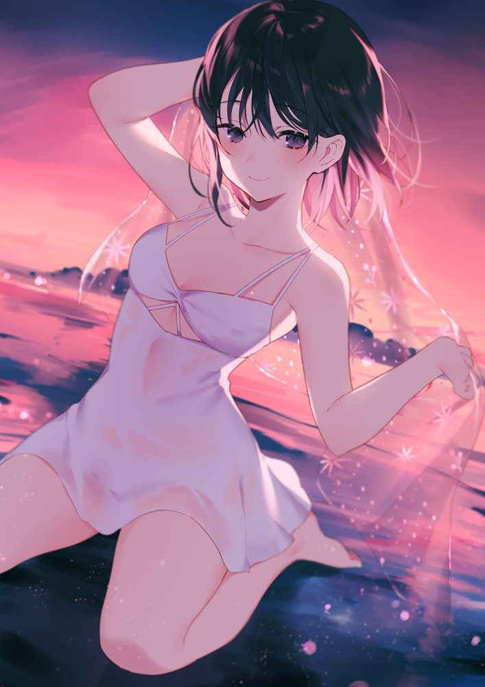 1girl achiki arm_up backlighting bangs bare_arms bare_shoulders beach black_hair blush breasts closed_mouth collarbone dress dutch_angle eyebrows_visible_through_hair gradient_sky kneeling multicolored_hair on_ground original outdoors pink_hair see-through short_hair sky sleeveless sleeveless_dress small_breasts smile solo two-tone_hair veil violet_eyes wet wet_clothes wet_dress white_dress