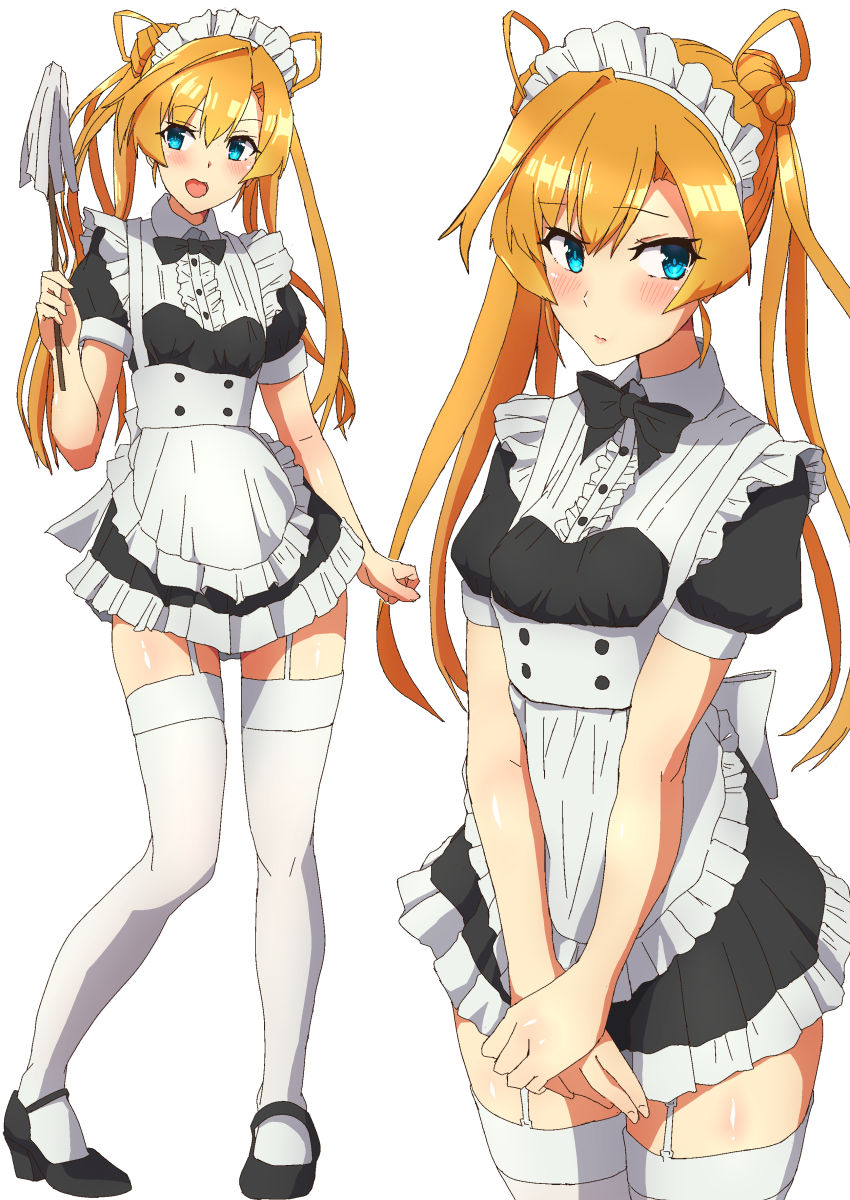 1girl abukuma_(kantai_collection) alternate_costume apron bangs black_dress black_footwear blue_eyes blush breasts closed_mouth comala_(komma_la) double_bun dress duster enmaided eyebrows_visible_through_hair garter_straps highres kantai_collection long_hair maid maid_headdress multiple_views open_mouth orange_hair short_sleeves simple_background small_breasts standing thigh-highs white_apron white_background white_legwear