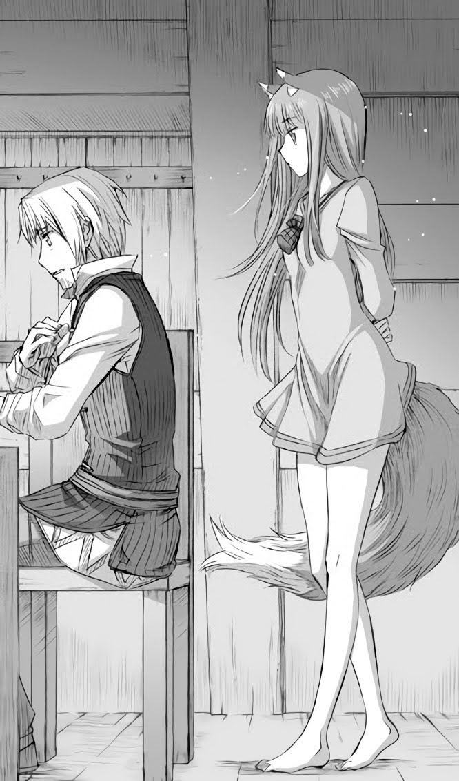 1boy 1girl animal_ears arms_behind_back bangs barefoot craft_lawrence dress floating_hair from_side greyscale holo koume_keito long_hair long_sleeves monochrome official_art pouch profile shiny shiny_hair shirt short_dress sitting spice_and_wolf standing tail very_long_hair wolf_ears wolf_tail