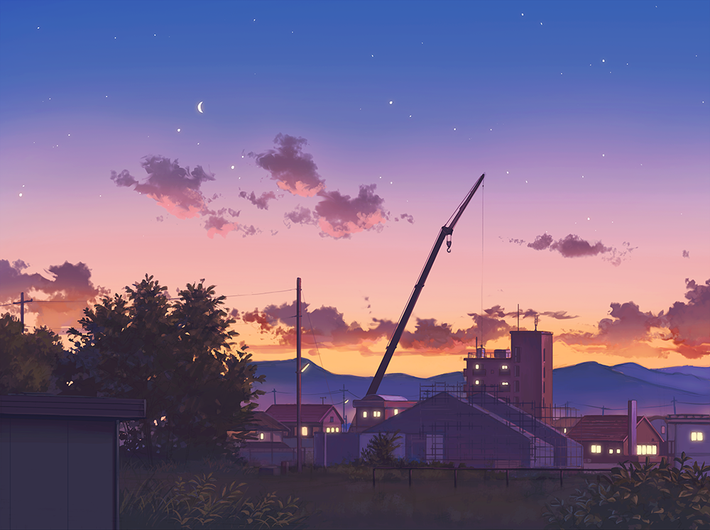 building crane_(machine) evening mizuasagi mountain no_humans original power_lines scenery sky star_(sky) tree twilight
