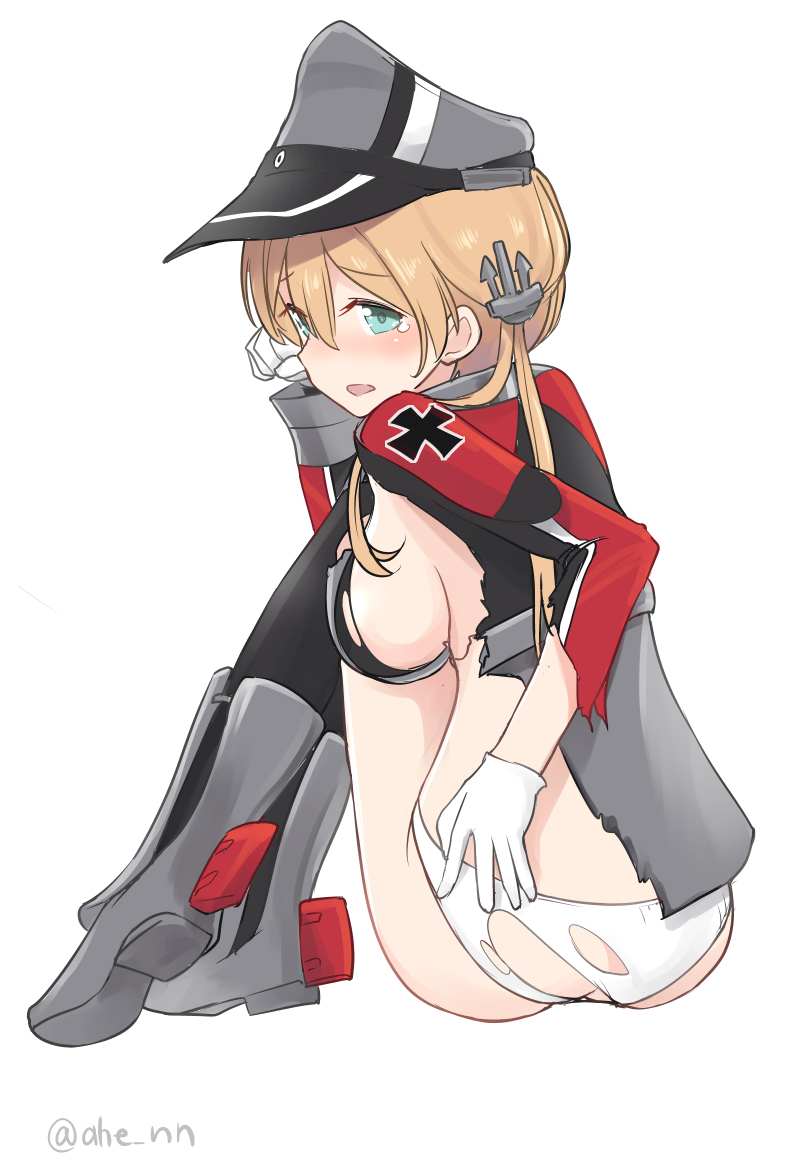 1girl ahenn anchor_hair_ornament aqua_eyes black_legwear blonde_hair hair_ornament hat kantai_collection long_hair looking_at_viewer low_twintails military military_hat military_uniform panties peaked_cap prinz_eugen_(kantai_collection) simple_background sitting solo thigh-highs torn_clothes twintails twitter_username underwear uniform white_background white_panties