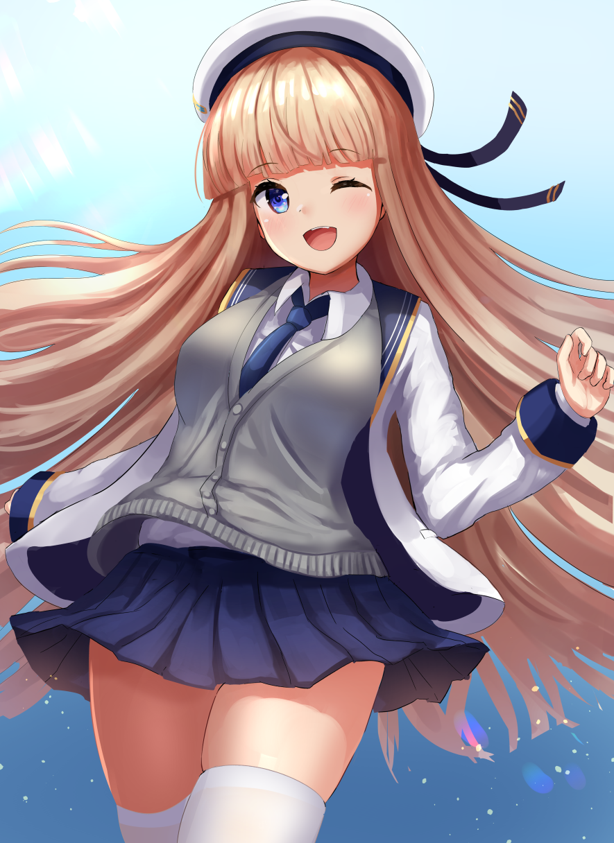 1girl ;d azur_lane bangs beret blonde_hair blue_background blue_eyes blue_skirt blunt_bangs blush breasts cardigan collared_shirt commentary_request cowboy_shot eyebrows_visible_through_hair grey_cardigan hat highres hime_cut icarus_(azur_lane) jacket long_hair long_sleeves looking_at_viewer manda_(manda9n) medium_breasts one_eye_closed open_clothes open_jacket open_mouth pleated_skirt shirt simple_background skindentation skirt smile solo standing thigh-highs undershirt white_headwear white_jacket white_legwear white_shirt zettai_ryouiki