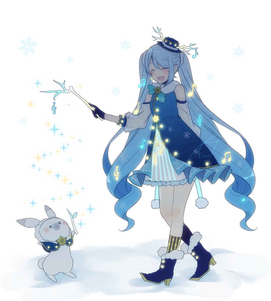 1girl antler_ornament arm_behind_back asagao_minoru beamed_eighth_notes blue_dress blue_footwear blue_headwear boots closed_eyes commentary dress eighth_note frilled_dress frills full_body fur-trimmed_boots fur-trimmed_hood fur_trim hat hatsune_miku high_heels holding holding_stick hood illumination layered_dress light_blue_hair long_hair musical_note musical_note_hair_ornament musical_note_print open_mouth rabbit rabbit_yukine smile snow snowing sparkle stick treble_clef twig twintails very_long_hair vocaloid walking white_background yuki_miku