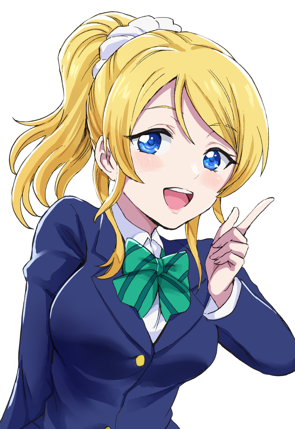 1girl :d ayase_eli bangs blonde_hair blue_eyes blue_jacket bow bowtie breasts collared_shirt dress_shirt floating_hair green_neckwear hair_ornament hair_scrunchie highres index_finger_raised jacket long_hair long_sleeves looking_at_viewer love_live! love_live!_school_idol_project medium_breasts open_mouth otonokizaka_school_uniform school_uniform scrunchie sharumon shiny shiny_hair shirt simple_background smile solo striped striped_bow striped_neckwear swept_bangs upper_body white_background white_scrunchie white_shirt wing_collar
