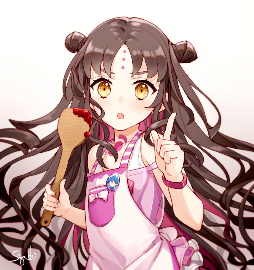 1girl :o apron artist_name badge black_hair button_badge double_bun fate/grand_order fate_(series) gradient gradient_background hans_christian_andersen_(fate) index_finger_raised long_hair sesshouin_kiara signature siya_ho solo spatula two_side_up very_long_hair wristband yellow_eyes younger