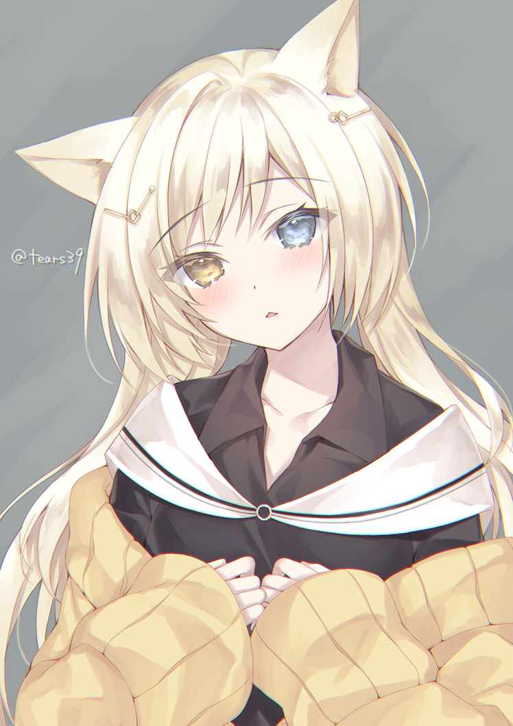 1girl :&lt; animal_ear_fluff animal_ears arknights artist_name bangs black_shirt blonde_hair blue_eyes blush brown_eyes cat_ears collared_shirt commentary_request eyebrows_visible_through_hair grey_background hair_ornament hairclip hands_up head_tilt heterochromia jacket long_hair long_sleeves looking_at_viewer low_twintails nightmare_(arknights) off-shoulder_sweater off_shoulder open_clothes open_jacket parted_lips partial_commentary shirt silver_hair sleeves_past_wrists solo sorai_shin'ya sweater triangle_mouth twintails twitter_username upper_body very_long_hair yellow_eyes yellow_jacket yellow_sweater