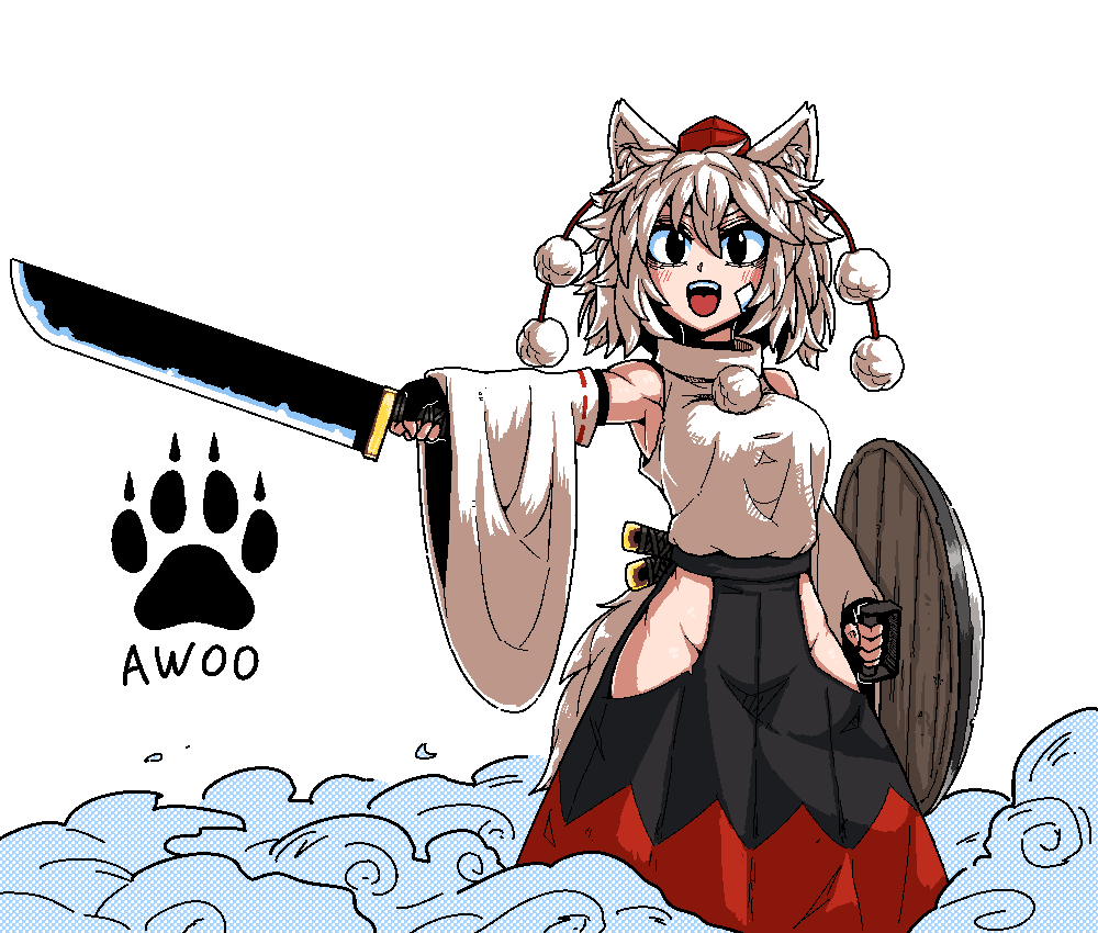 1girl animal_ears armpits bandaid bandaid_on_face bare_shoulders black_eyes black_skirt detached_sleeves elbow_gloves feet_out_of_frame fingerless_gloves formicid gloves groin hand_up hat hip_vent holding holding_shield holding_sword holding_weapon inubashiri_momiji logo long_skirt looking_at_viewer medium_hair multicolored multicolored_clothes multicolored_skirt no_panties oekaki open_mouth outstretched_arm pom_pom_(clothes) red_skirt ribbon-trimmed_sleeves ribbon_trim shield shirt skirt sleeveless sleeveless_shirt smile solo standing sword tail tokin_hat touhou weapon white_hair white_shirt wide_sleeves wolf_ears wolf_tail