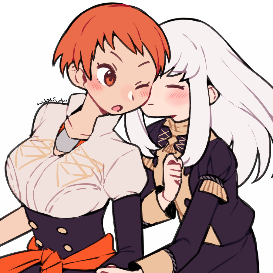 2girls artist_name closed_eyes closed_mouth do_m_kaeru fire_emblem fire_emblem:_three_houses garreg_mach_monastery_uniform leonie_pinelli long_hair long_sleeves lysithea_von_ordelia multiple_girls one_eye_closed open_mouth orange_eyes orange_hair short_hair simple_background uniform upper_body white_background white_hair