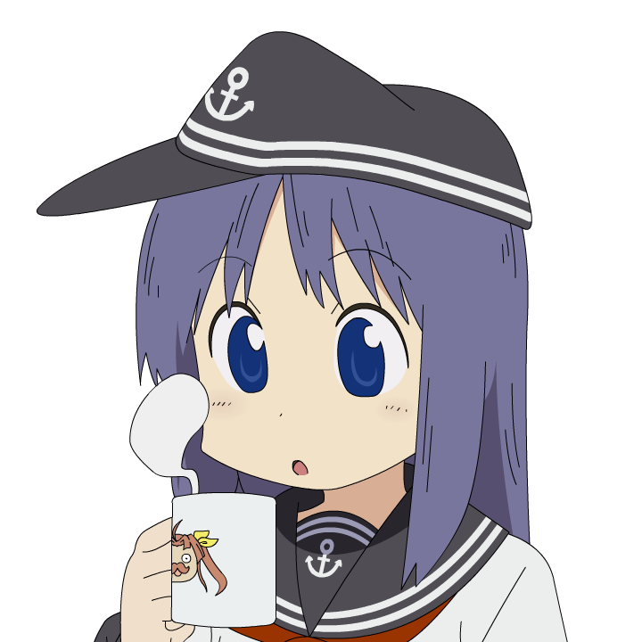 1girl :o akatsuki_(kantai_collection) anchor_symbol bangs black_sailor_collar blush cameo character_print coffee_mug commentary_request cup eyebrows_visible_through_hair flat_cap hat holding holding_cup kagerou_(kantai_collection) kantai_collection long_hair long_sleeves looking_down mug neckerchief nichijou parody purple_hair red_neckwear sailor_collar school_uniform serafuku sidelocks simple_background solo steam style_parody sugapi upper_body violet_eyes white_background white_serafuku