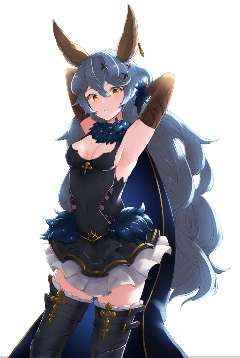 1girl animal_ears armpits arms_up black_dress blue_hair blush boots breasts brown_gloves covered_navel dress elbow_gloves erune ferry_(granblue_fantasy) gloves granblue_fantasy highres jewelry long_hair looking_at_viewer medium_breasts rabbit_ears sideboob simple_background sleeveless sleeveless_dress solo standing thigh-highs thigh_boots tori_no_tempura wavy_hair yellow_eyes zettai_ryouiki